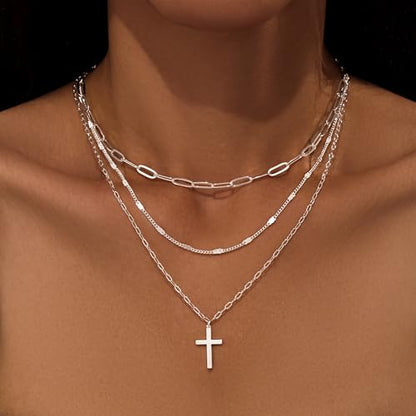 Poxtex Layered Gold Necklaces for Women, Stackable Dainty 14K Gold Silver Plated Trendy Simple Heart Diamond Cross Bow Circle Pendant Paperclip Choker Dot Chain Necklace,Jewelry Set Gifts for Women - color: Silver, style: Cross1