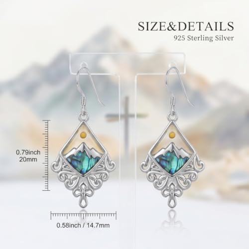 Mustard Seed Dangle Earrings for Women, 925 Sterling Silver Faith Mountain Cross Drop Earrings with Abalone Shell, Hypoallergenic Religious Christian Jewelry Gifts