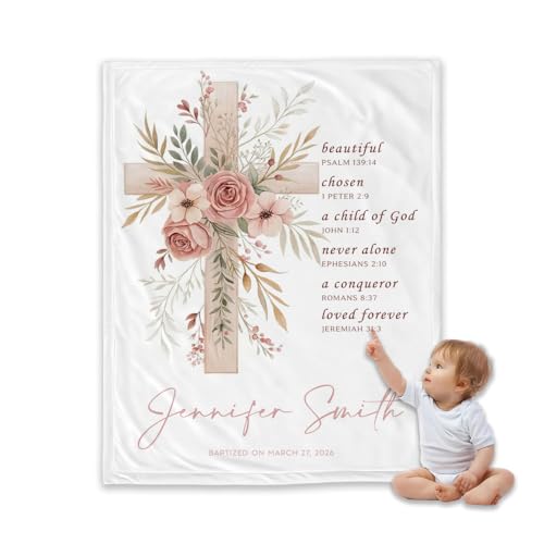 Personalized Baptism Blanket for Girl, Custom Floral Cross Baby Blanket, Christian Christening Gift, Catholic Scripture Throw Blankets, Baptized in Christ Blankets, Goddaughter Keepsake - color: #Ver7