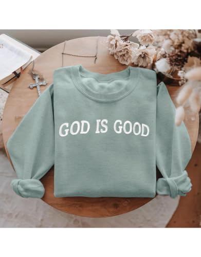Womens God Is Good Christian Sweatshirt Oversized Crewneck Fleece Pullover - color: Sage Green, size: Small