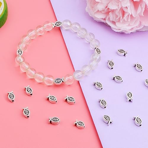 100pcs Jesus Fish Spacer Beads Religious Charm Beads Tibetan Alloy Christian Fish Shape Loose Beads for DIY Bracelet Necklace Jewelry Making Supplies - color: Antique Silver