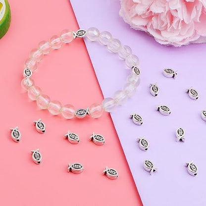 100pcs Jesus Fish Spacer Beads Religious Charm Beads Tibetan Alloy Christian Fish Shape Loose Beads for DIY Bracelet Necklace Jewelry Making Supplies - color: Antique Silver