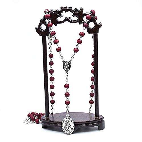 Handmade Wooden Resin Crucifix Rosary Beads Chain Pendant Necklace Colorful Love Heart Catholic Cross Virgin Mary Jesus Necklace for Women Men Religious Lord Praying Jewelry Gift - color: C red