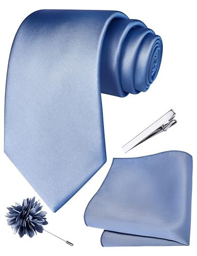 Branduce 3.15"（8cm） Mens Tie and Lapel Pin Solid Necktie Handkerchief Tie Clip Set for Men - color: Dusty Blue