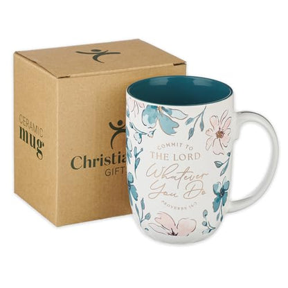 Christian Art Gifts Large Ceramic Coffee & Tea Scripture Mug for Women - color: Teal & Pink Floral/Commit to the Lord