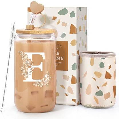 Personalized Gifts for Women, Monogrammed Gifts for Women, Initial 16 oz Glass Cups With Lids and Straws, Customized Mug, Personalized Birthday Gifts Christmas Gift for Her Mom Friend Woman, E - style: E