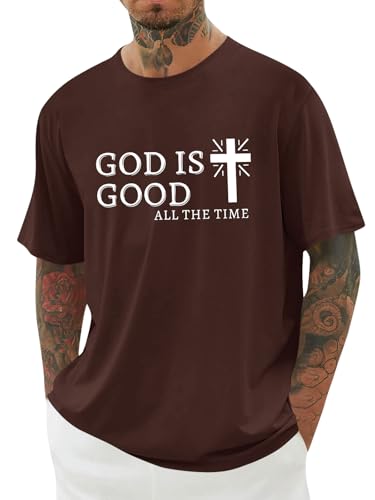 Mens Christian Shirts Shorts Sleeve Crewneck Jesus Cross Printed T Shirts Loose Graphic Tee - color: Brown, size: Medium