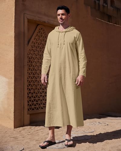 YAOHUOLE Long Sleeve Kaftan Thobe Button down Men Thobe with Pocket Big and Tall Kaftan Muslim Men Thobe - color: Khaki, size: 3X-Large