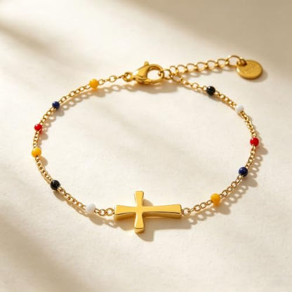 18K Gold Plated Pearl Beaded Cross Bracelets for Women Adjustable - color: Colorful Cross-Gold