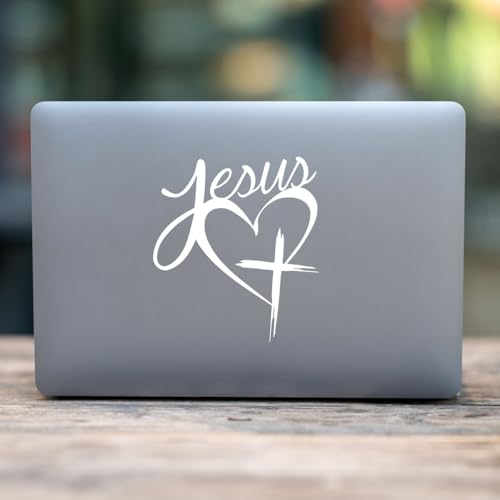 Jesus Heart Cross Decal – Christian Vinyl Sticker – Religious Car or Laptop Decal – Jesus Love Bumper Sticker – Cross Heart Symbol (6"x 5") (White)
