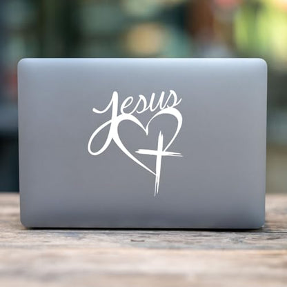Jesus Heart Cross Decal – Christian Vinyl Sticker – Religious Car or Laptop Decal – Jesus Love Bumper Sticker – Cross Heart Symbol (6"x 5") (White)