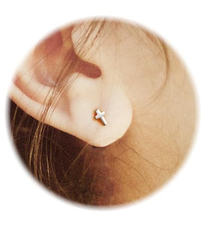 Enticera 14K Gold Stud Earrings for Women 20g Leaf Cross Bar Handmade Flat Back Earrings Hypoallergenic Nap Screw Back Cartilage Earrings Tragus Helix Piercing Jewelry - color: Silver Tone, style: Cross