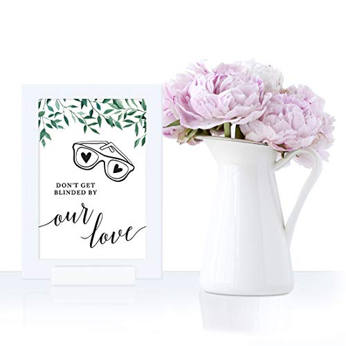 Andaz Press Framed Wedding Party Signs, Natural Greenery Green Leaves, 4x6-inch, Don't Get Blinded by Our Love Sunglasses Ceremony Sign, 1-Pack, Includes Reusable Photo Frame - color: Activities Sunglasses