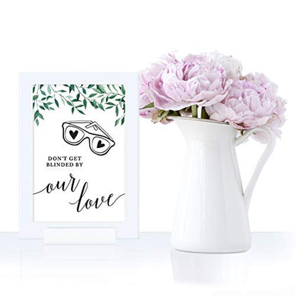 Andaz Press Framed Wedding Party Signs, Natural Greenery Green Leaves, 4x6-inch, Don't Get Blinded by Our Love Sunglasses Ceremony Sign, 1-Pack, Includes Reusable Photo Frame - color: Activities Sunglasses