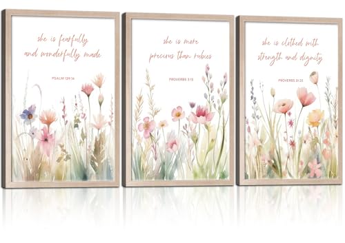 3Pcs Christian Floral Scripture Canvas Wall Art, Wildflower Bible Verse Posters Wall Decor, Psalm Religious Faith Art Pictures Prints for Living Room Bedroom Decorations 24x16in Framed - color: Wildflower Flower Bible Verses-2, size: 24"x16"