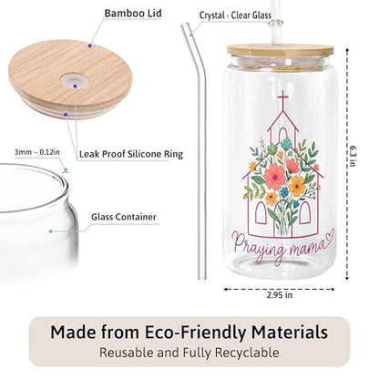 Praying Mama Floral Christian Glass Cups With Wood Lids And Straws, Women Of The Bible Glass Tumbler, Glass Can With Design, Mothers Day Gift Glass Cup, Bridal Party Gifts, Mom Iced Coffee Mug