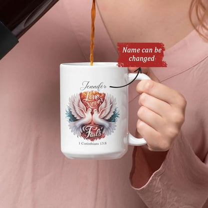 Novelty Cup Featuring Two Doves Design, Personalized Name Christian Coffee Mug, Custom Religious Ceramic Cup 11oz 15oz, Gift For Men Women, Customized Bible Verse Accent Mug, Christian Cup - color: HOA-624-2158-LOVE NEVER FAILS MUG