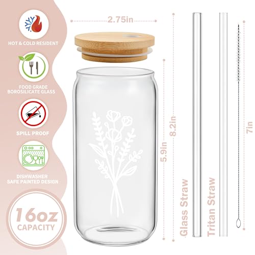 Cute Glass Cups with Lids and Straws, Aesthetic Iced Coffee Cup, Flower Mugs, Personalized Tumbler with Straw, Birthday Gifts for Women Friend Sister Her Coffee Lover Bridesmaid Stuff Christmas