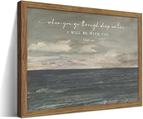 Christian Ocean Landscape Framed Wall Art Isaiah 43 2 Painting Wall Decor - color: Isaiah 43:2, size: 24"L x 16"W