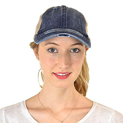C.C Ponycap Messy High Bun Ponytail Adjustable Mesh Trucker Baseball Cap Hat - color: Criss Cross Mesh Navy