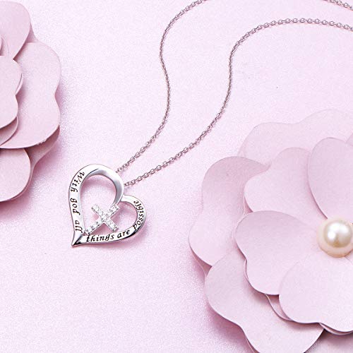 S925 Sterling Silver Christian Cross Heart Faith Bible Verse Necklace Rings - style: with god all things are possible