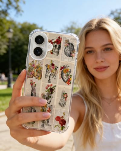 Body Anatomy Flowers Phone Case Compatible with iPhone 17, Skull Newspaper Aesthetic Phone Cover for iPhone 17 - color: Anatomy Aesthetic