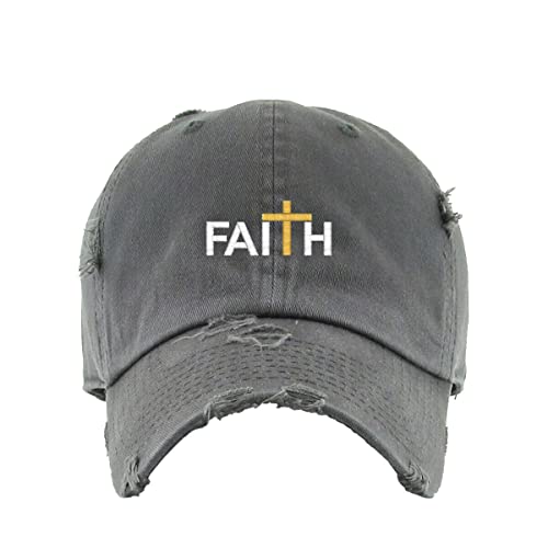 Faith with Cross Vintage Baseball Cap Embroidered Cotton Adjustable Distressed Dad Hat - color: Dark Grey