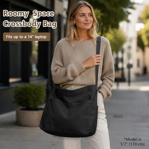 KALIDI Canvas Tote Bag Zipper Large Crossbody Shoulder Bag Messenger Bag - color: Black