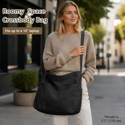 KALIDI Canvas Tote Bag Zipper Large Crossbody Shoulder Bag Messenger Bag - color: Black