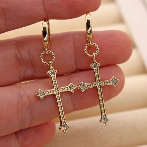 18K Gold Plated, Dangle Earrings for Women, Flower/Heart Drop earrings, Hypoallergenic Cubic Zirconia Earrings, Lightweight, Party, gold earrings, Jewelry for Gifts, Fashion - style: OBS7521-Cross