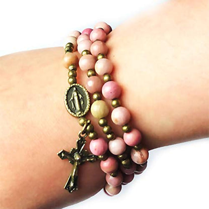 Pink Rhodonite Stone Catholic Rosary Bracelet for Women with Virgin Mary Our Lady of Graces Medal Charm - Catholic Gifts