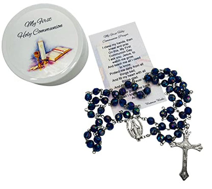 First Holy Communion Blue Faceted Bead Rosary Catholic Gift Keepsake Case