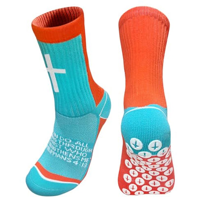 3 Pairs Cross Socks with Bible,Philippians 4: 13 Christian Socks US 6-13, Grip Sport Sock for Football, Soccer, Gym - color: Blue
