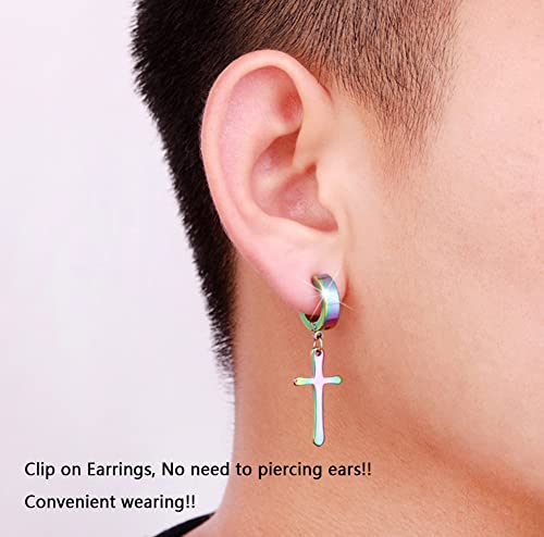 Non-pierced Earrings Set for Men Women Cross Titanium Steel Hoop Dangle Clip On Earring - style: colorful