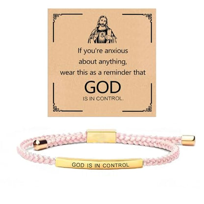 God is in Control Leather Bracelet, Stainless Steel Christian Faith Braided Engraved Bar Bracelets Self Worth Motivation Bracelet Inspirational Friendship Jewelry for Men Women - color: Pink&Gold