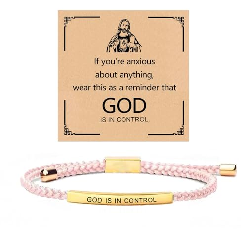 God is in Control Leather Bracelet, Stainless Steel Christian Faith Braided Engraved Bar Bracelets Self Worth Motivation Bracelet Inspirational Friendship Jewelry for Men Women - color: Pink&Gold