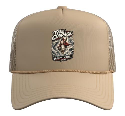 Take Courage It is I. Don't Be Afraid Bible Verse Art Trucker Hat with Adjustable Mesh Back - color: Khaki
