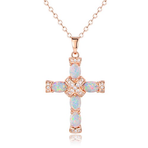 Barzel 18K Gold Plated Created Opal Cross with Chain, 18 Inches with 2 Inches Extension - color: Rose Gold