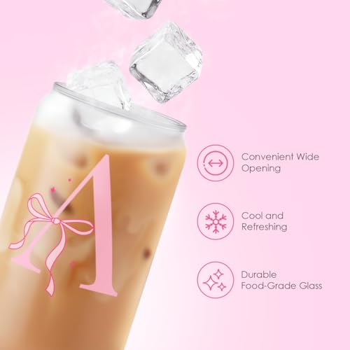 SANDJEST Monogrammed Glass Drinking Can Cup with Acrylic Lid and Straw, Personalized Frosted Iced Coffee Tumbler 16oz, Monogram Initial Gifts for Women Girls on Birthday (A) - color: Letter A