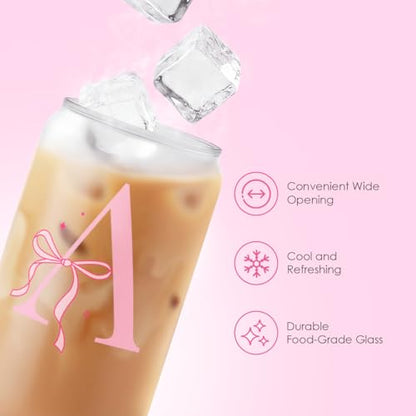 SANDJEST Monogrammed Glass Drinking Can Cup with Acrylic Lid and Straw, Personalized Frosted Iced Coffee Tumbler 16oz, Monogram Initial Gifts for Women Girls on Birthday (A) - color: Letter A