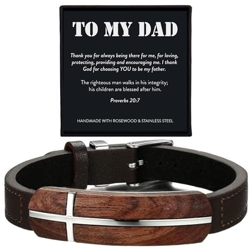 ARK & BAY Christian Leather and Rosewood Cross Bracelet For Men In Gift Box With Bible Verse | Meaningful Religious Scripture Jewelry For Him | Catholic Watch Strap Style Wristband For Husband, Boyfriend, Dad, Son, Brother, Nephew, Grandson, Friend, Grand