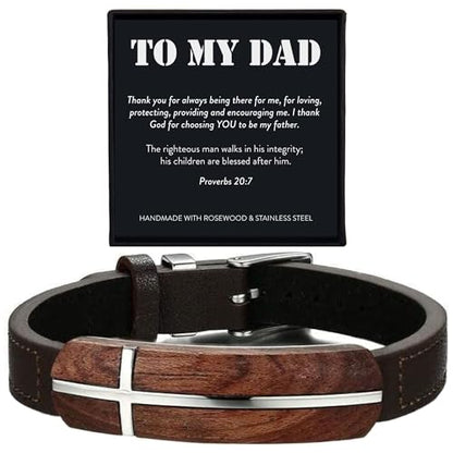 ARK & BAY Christian Leather and Rosewood Cross Bracelet For Men In Gift Box With Bible Verse | Meaningful Religious Scripture Jewelry For Him | Catholic Watch Strap Style Wristband For Husband, Boyfriend, Dad, Son, Brother, Nephew, Grandson, Friend, Grand