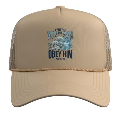 Christian Faith Bible Verse Jesus Wind and Waves Religious Trucker Hat with Adjustable Mesh Back - color: Khaki