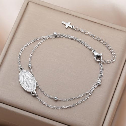 VASSAGO Virgin Mary Bracelet for Women Men Double-Sided Virgen de Guadalupe Rosary Bracelet Medal Handmade Braided Rope Catholic Christian Religious Jewelry Gift - color: Silver 14
