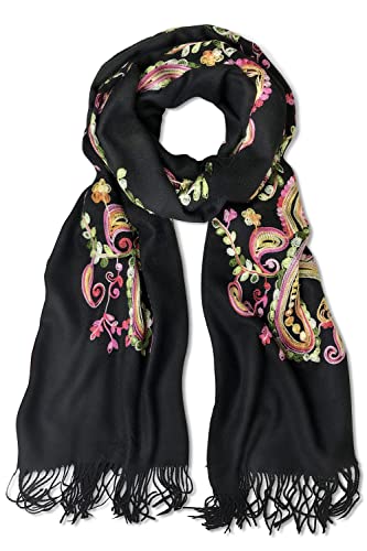 Urban CoCo Embroidered Scarf for Women, Tassel Shawl, Soft Lightweight Wrap - color: #1-black