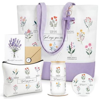 Aliceset Purple Christian Gift Set for Women Religious Gifts Bible Verse Tote Bag Inspirational Faith Based Cosmetic Bag, Cross Keychain, 16 oz Glass Cup, Coaster Greeting Card Catholic Church Gifts - color: Purple