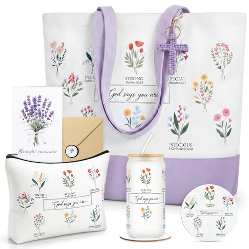 Aliceset Purple Christian Gift Set for Women Religious Gifts Bible Verse Tote Bag Inspirational Faith Based Cosmetic Bag, Cross Keychain, 16 oz Glass Cup, Coaster Greeting Card Catholic Church Gifts - color: Purple