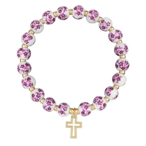 Stretchy Virgin Mary Bracelet with Cross Charm - Multi-Color Pearl Crystal Beaded Catholic Religious Jewelry for Women, Christian Gift for Baptism Confirmation First Communion - color: Purple A