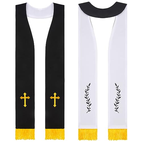 Panitay Embroidered Wedding Reversible Stole with Tassels Clergy Mass Stole with Cross Wedding Pastor Shawl - color: Black and White, style: Trendy