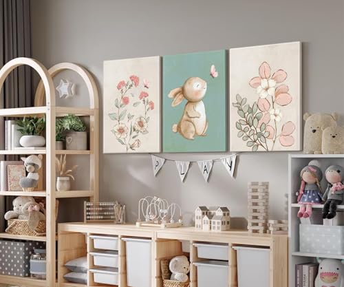 Framed Nursery Wall Art Set of 3 Pink Flower Botanical Pictures 12x16 In - color: Bunny(Canvas), size: 16"L x 12"W